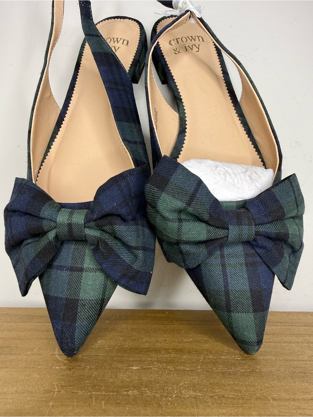 crown & ivy Navy and Green Plaid Bow Pointed Slingback Flats